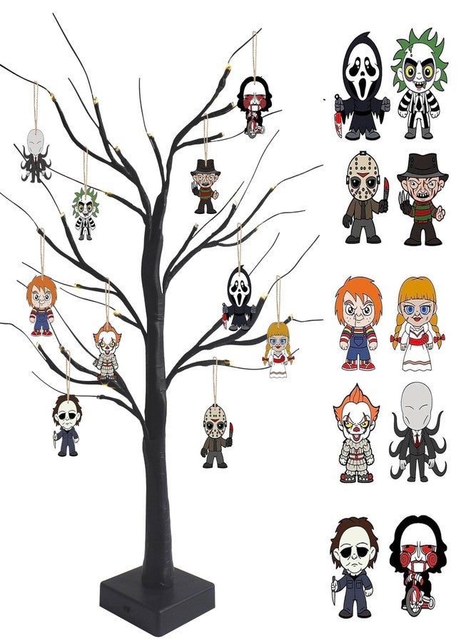 BIGSPINACH Black Halloween Tree with LED Lights and Spooky Wooden Hanging Ornaments Horror Movie Ornaments, Light Up Halloween Decor - Image 1